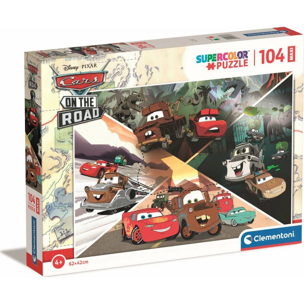 Puzzle Clementoni, Cars on the Road Maxi, 104 pezzi. Confezione mostra il motivo del puzzle con personaggi di Cars. Età consigliata: 4+. Dimensioni: 62x42cm.