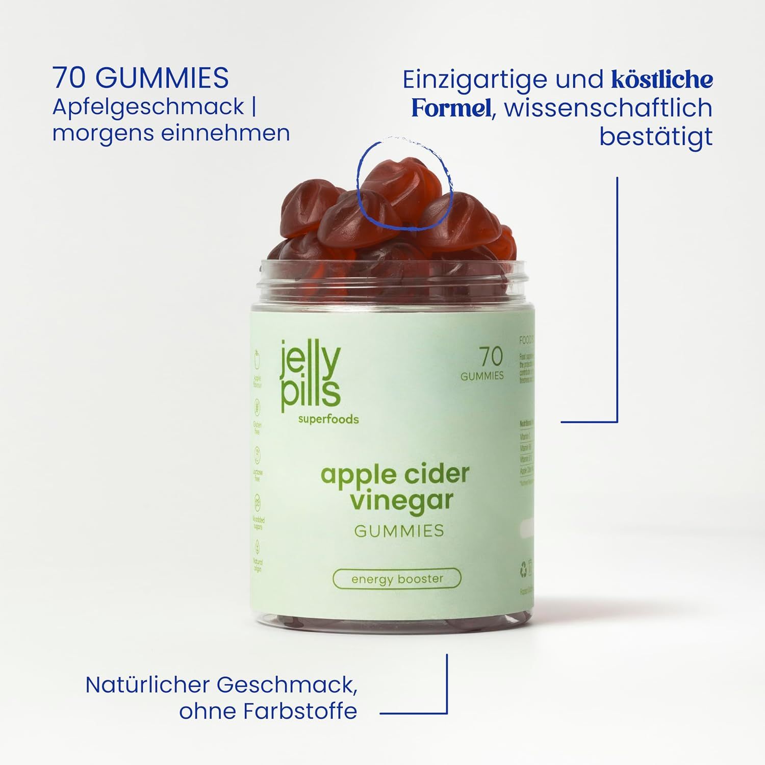Barattolo con 70 caramelle gommose. Scritta: Jelly Pills Superfoods, Apple Cider Vinegar Gummies. Formula unica.