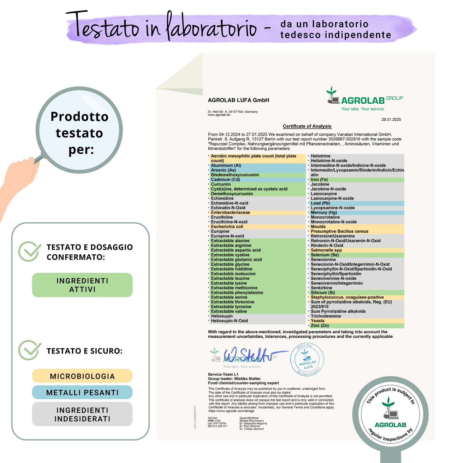 Certificato di Agrolab. Conferma gli ingredienti e il dosaggio. Testato per microbiologia, metalli pesanti e sostanze indesiderate.