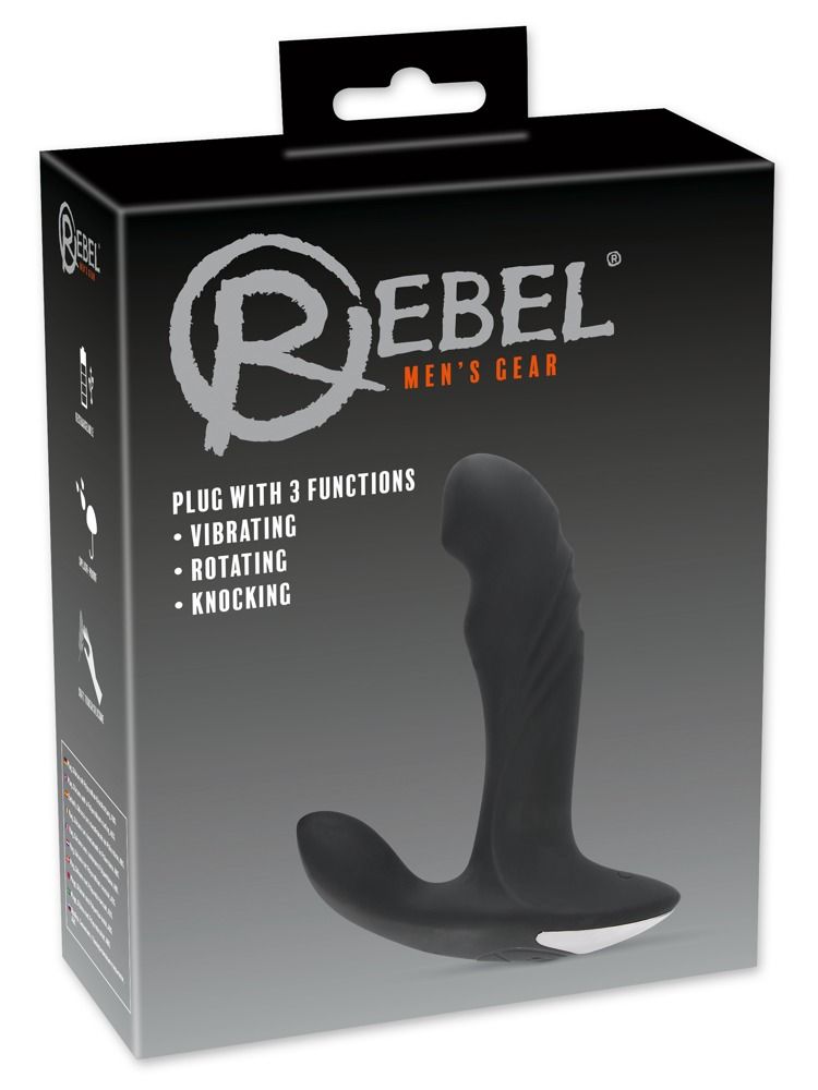 Plug nero con accento bianco, in confezione. Scritta REBEL, Plug with 3 Functions: Vibrating, Rotating, Knocking.