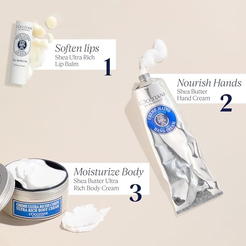 Tre prodotti: balsamo per le labbra, crema per le mani e crema per il corpo. Tutti i prodotti sono di L'Occitane. Testo: Soften lips, Nourish hands, Moisturize body.