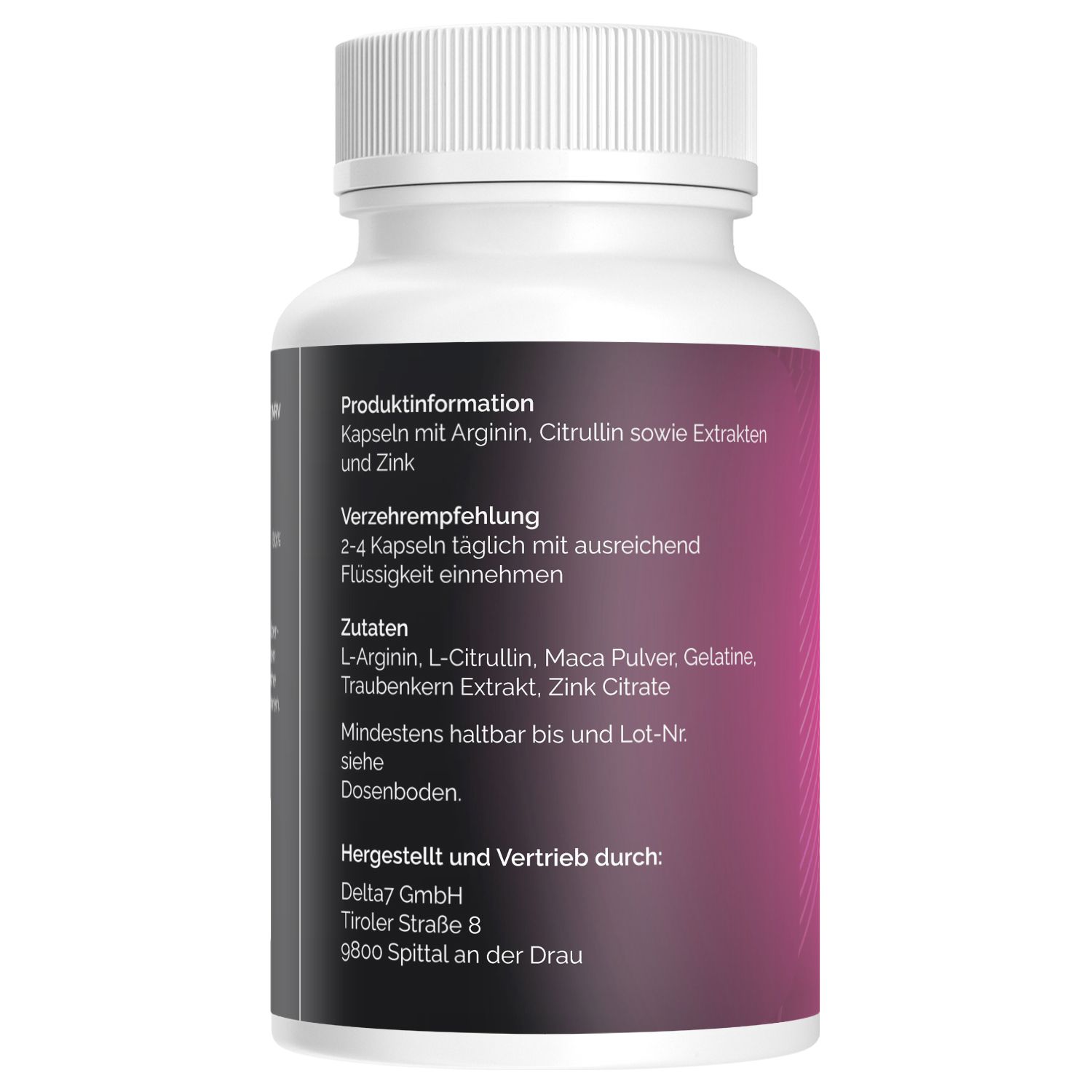 Retro di una bottiglia di Peach Booty Booster. Contiene informazioni sul prodotto e ingredienti.