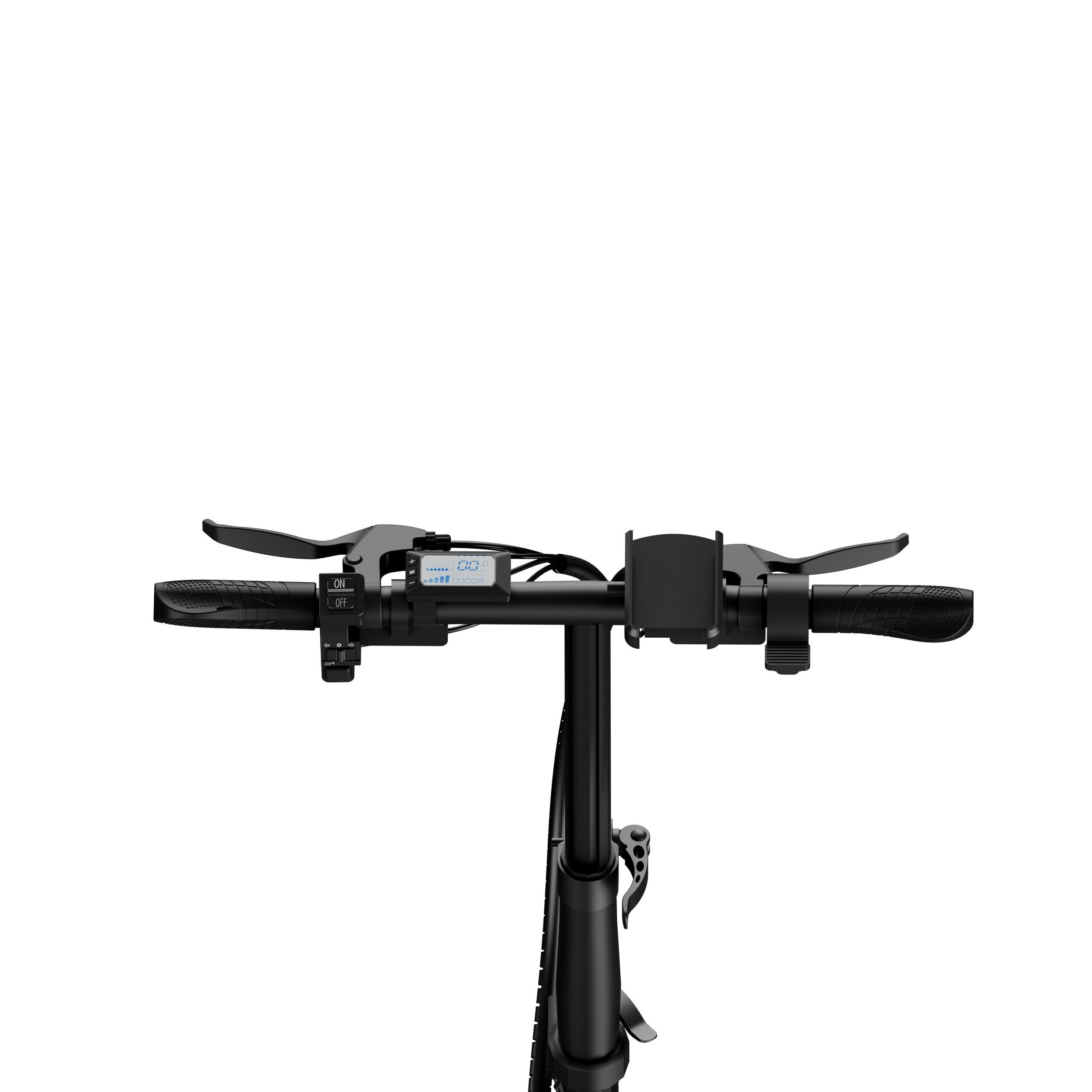 Manubrio di e-bike nera. Leve freno, display, manopole visibili. Marchio: Ruitoo.