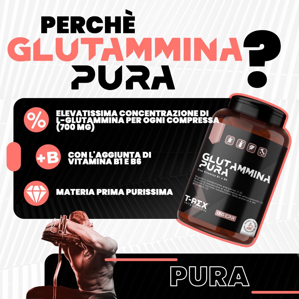 Flacone marrone di glutammina in polvere, 700 mg di L-glutammina e vitamine B1/B6 per capsula.