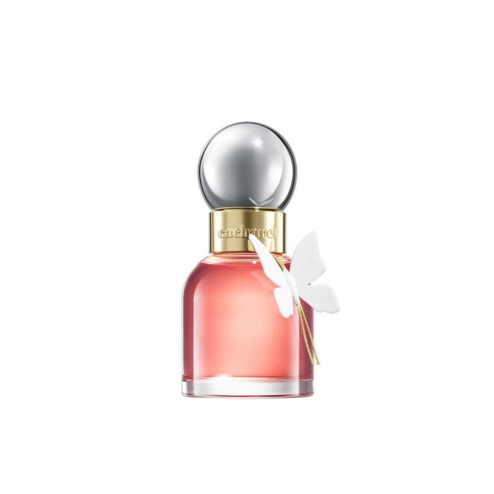 Flacone di profumo rosa, tappo argentato, farfalla bianca. Scritta dorata.