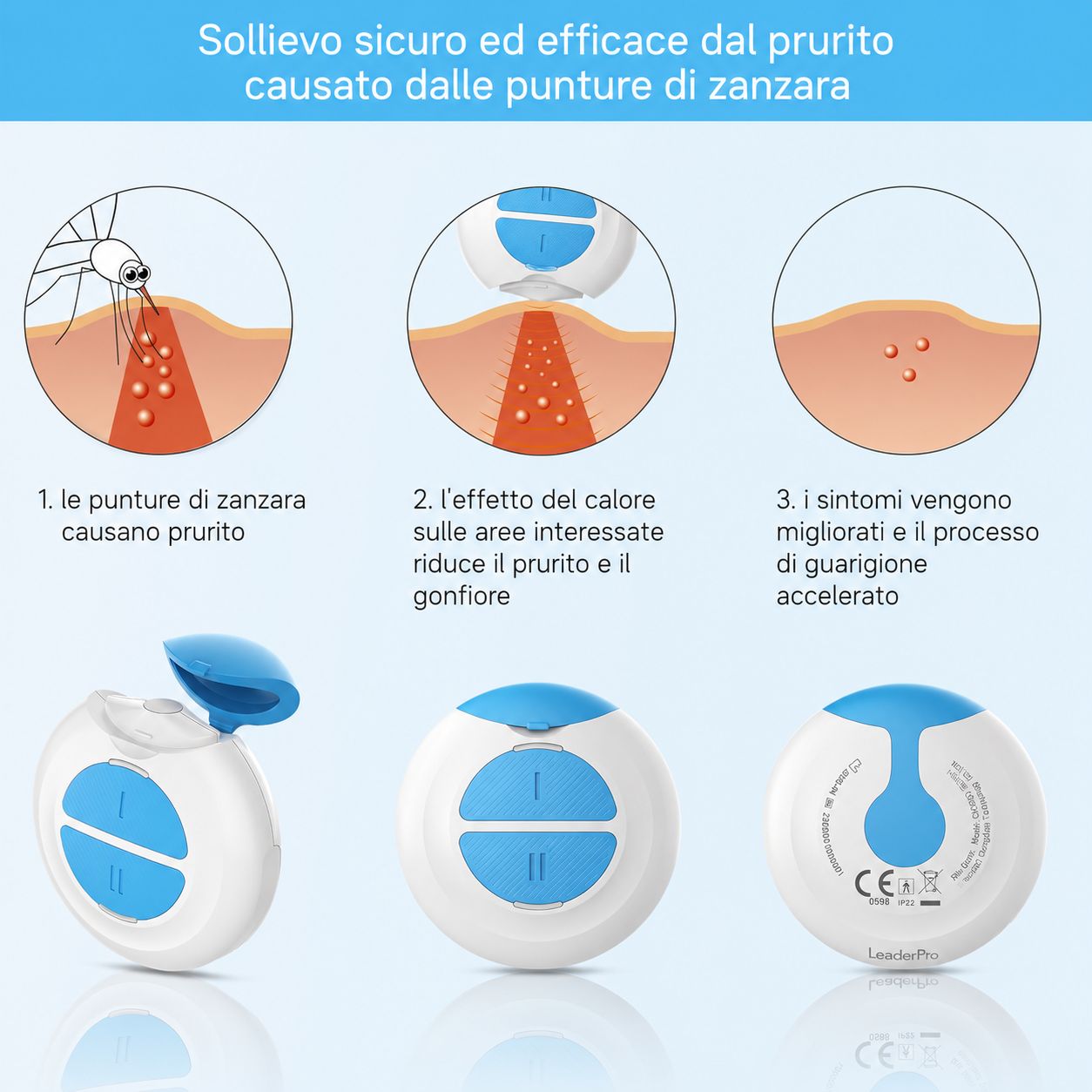 Tre illustrazioni: puntura di zanzara, calore, guarigione. Dispositivo con due pulsanti blu. Viste diverse.