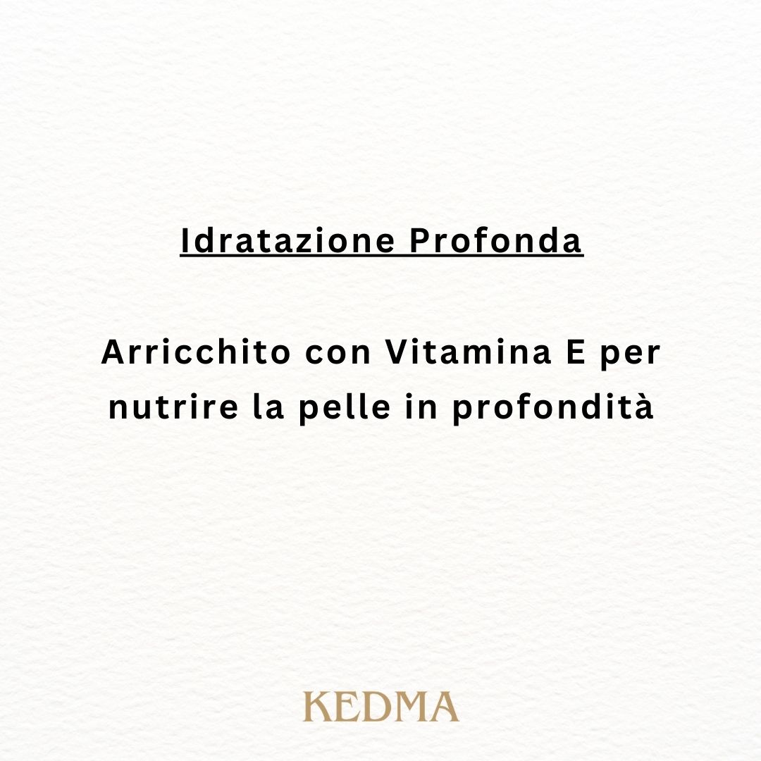 Testo su sfondo crema: Idratazione Profonda. Arricchito con Vitamina E.