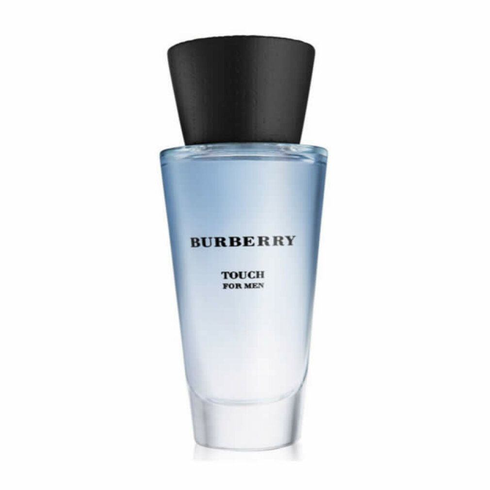 Burberry Touch for Men Eau de Toilette Spray. Flacone blu con tappo nero. Testo: Burberry, Touch for Men.