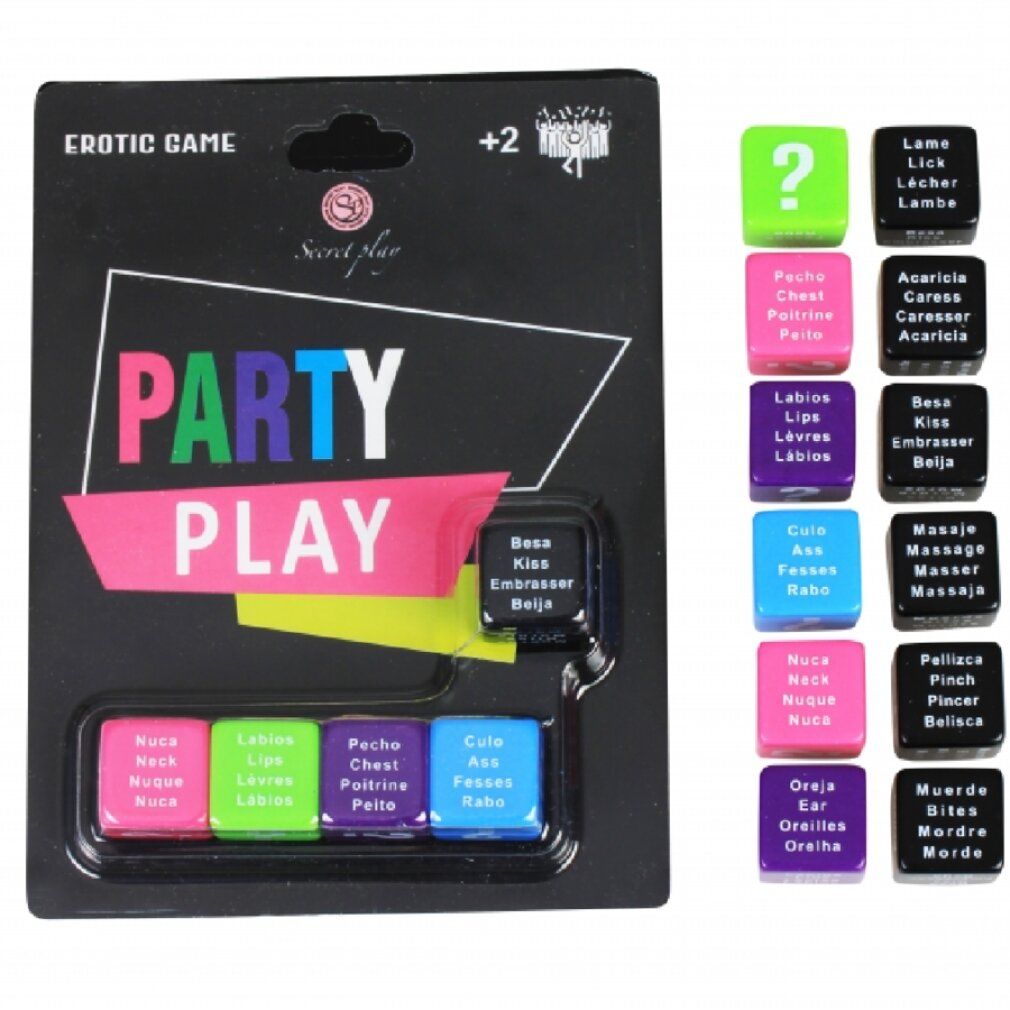 Gioco con dadi. Confezione nera con scritta "PARTY PLAY". Dadi colorati con testo. Logo. Sito web.