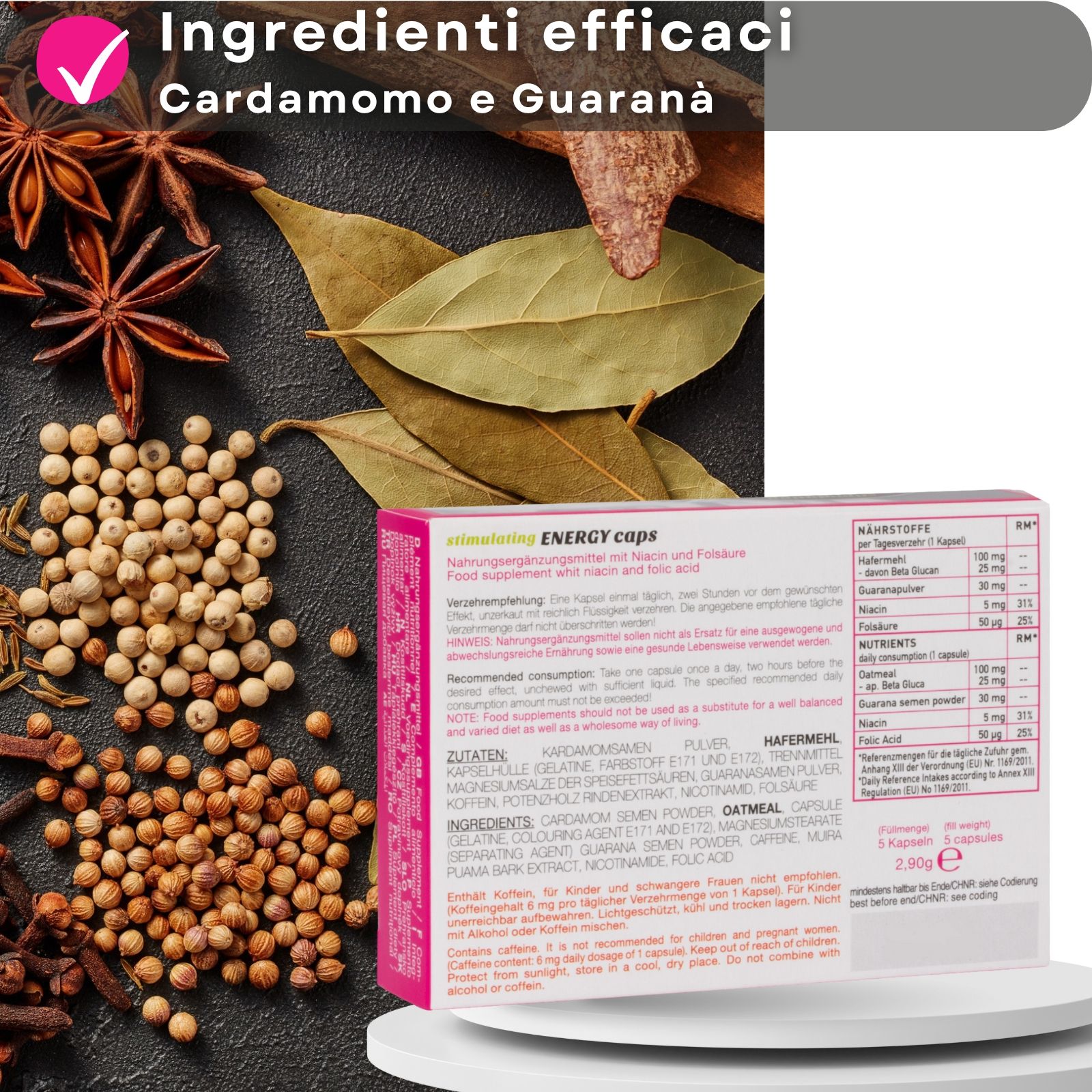 Retro della confezione con ingredienti e informazioni nutrizionali. Testo in tedesco.