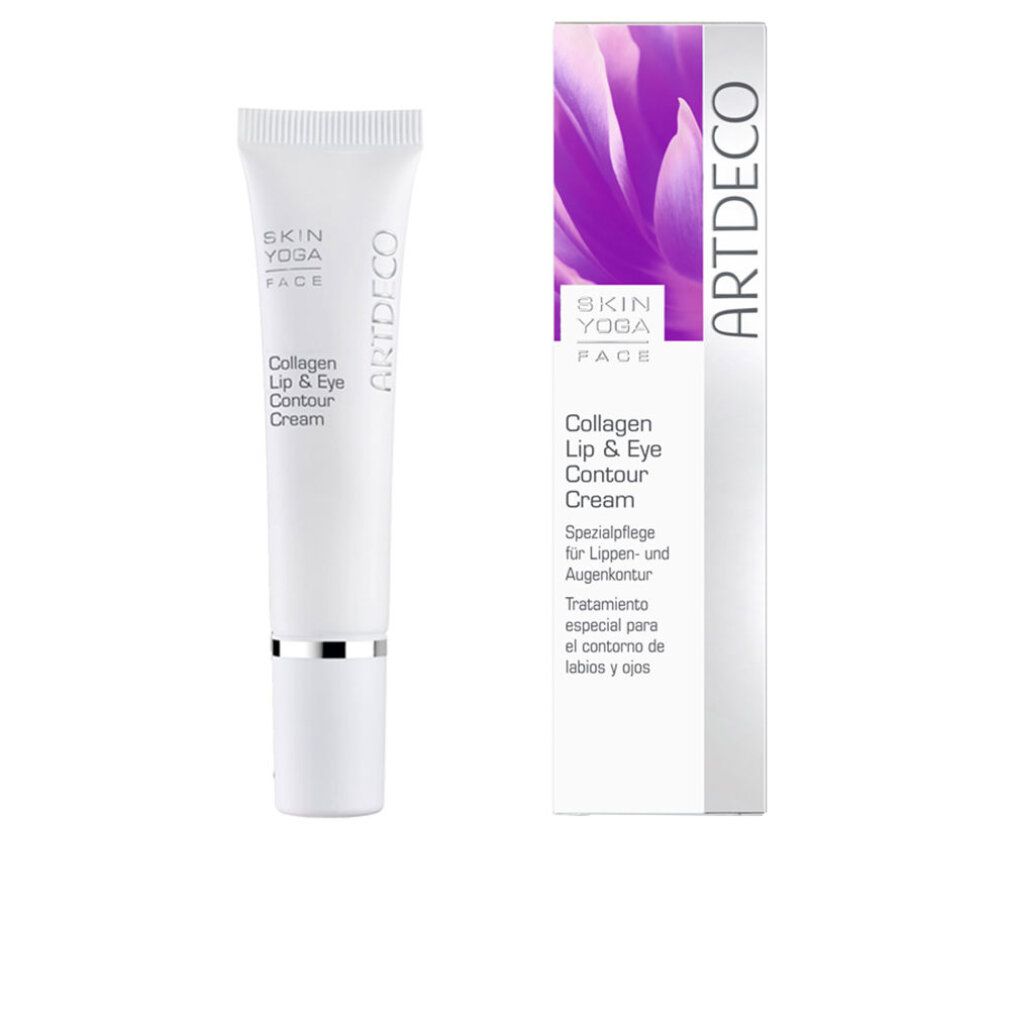 Prodotto e confezione. Tubo bianco, scatola bianca con fiore viola. Testo: ARTDECO, Collagen Lip & Eye Contour Cream.