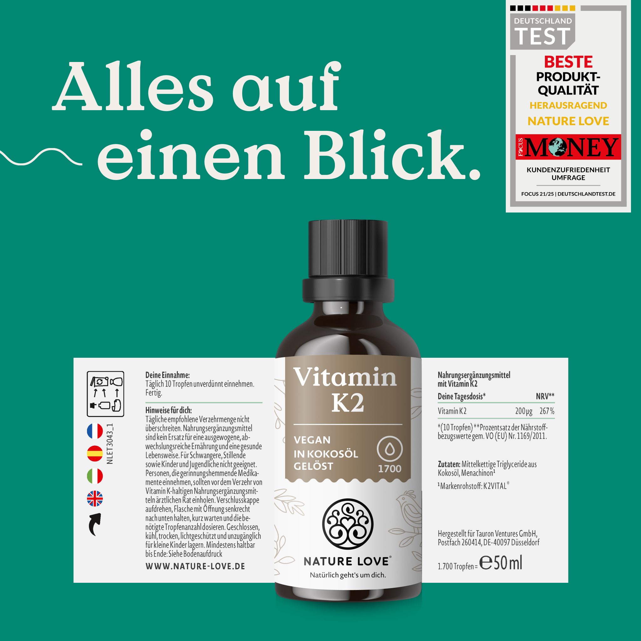 Flacone di Vitamina K2 di Nature Love con etichetta e sigilli.