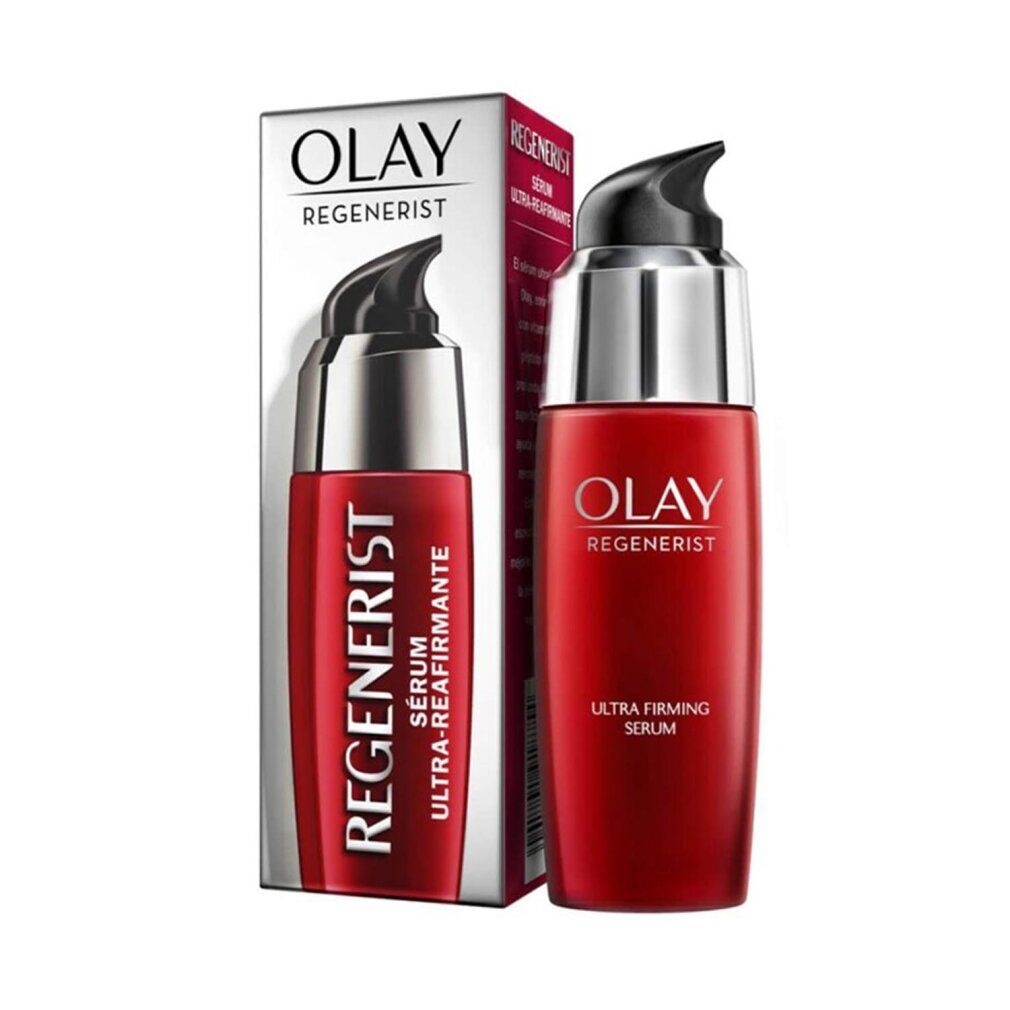 Flacone di siero rosso con pompa argentata e confezione. Logo Olay Regenerist e testo.