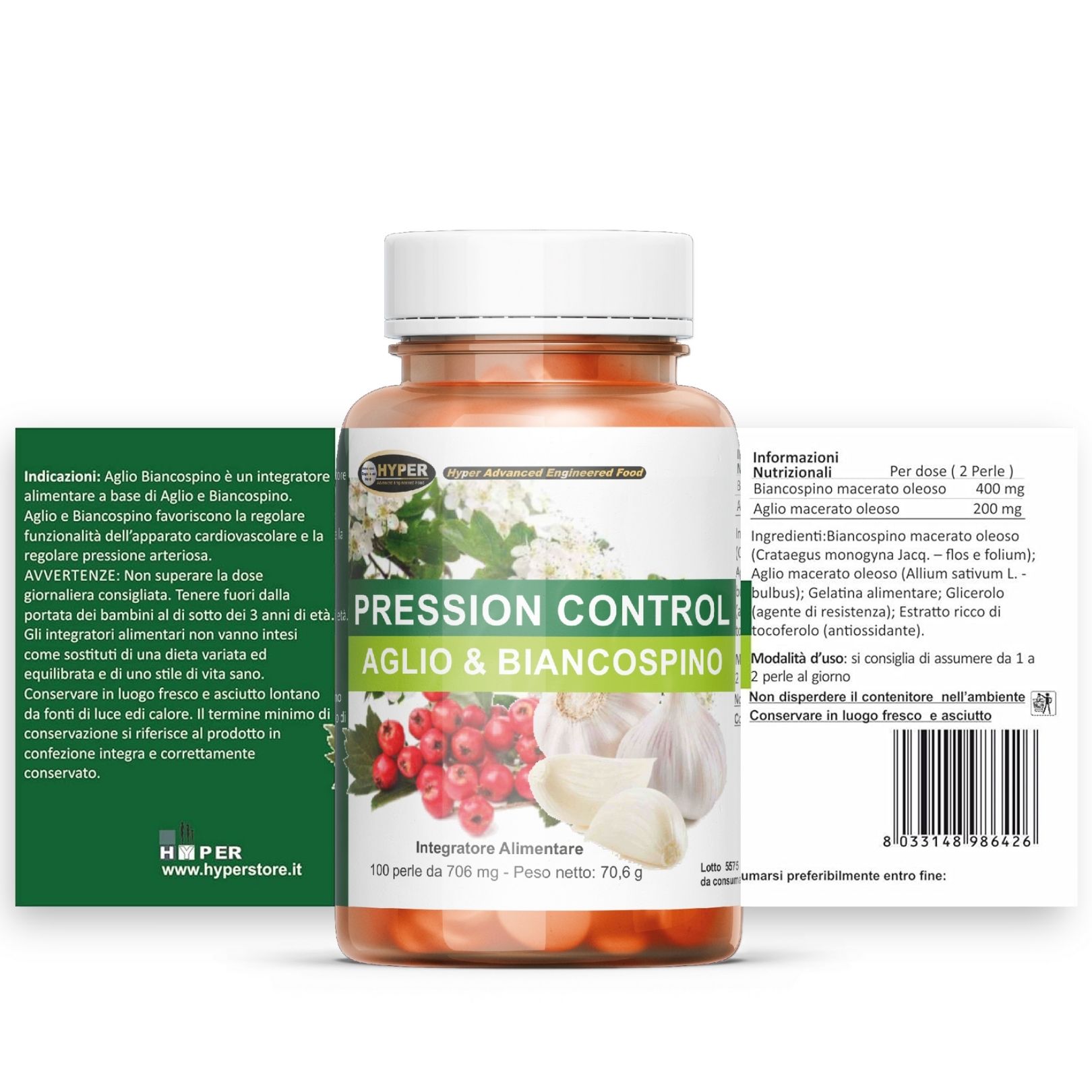 Flacone marrone con capsule. Scritta: Pression Control Aglio & Biancospino. Testo e ingredienti sulle etichette.