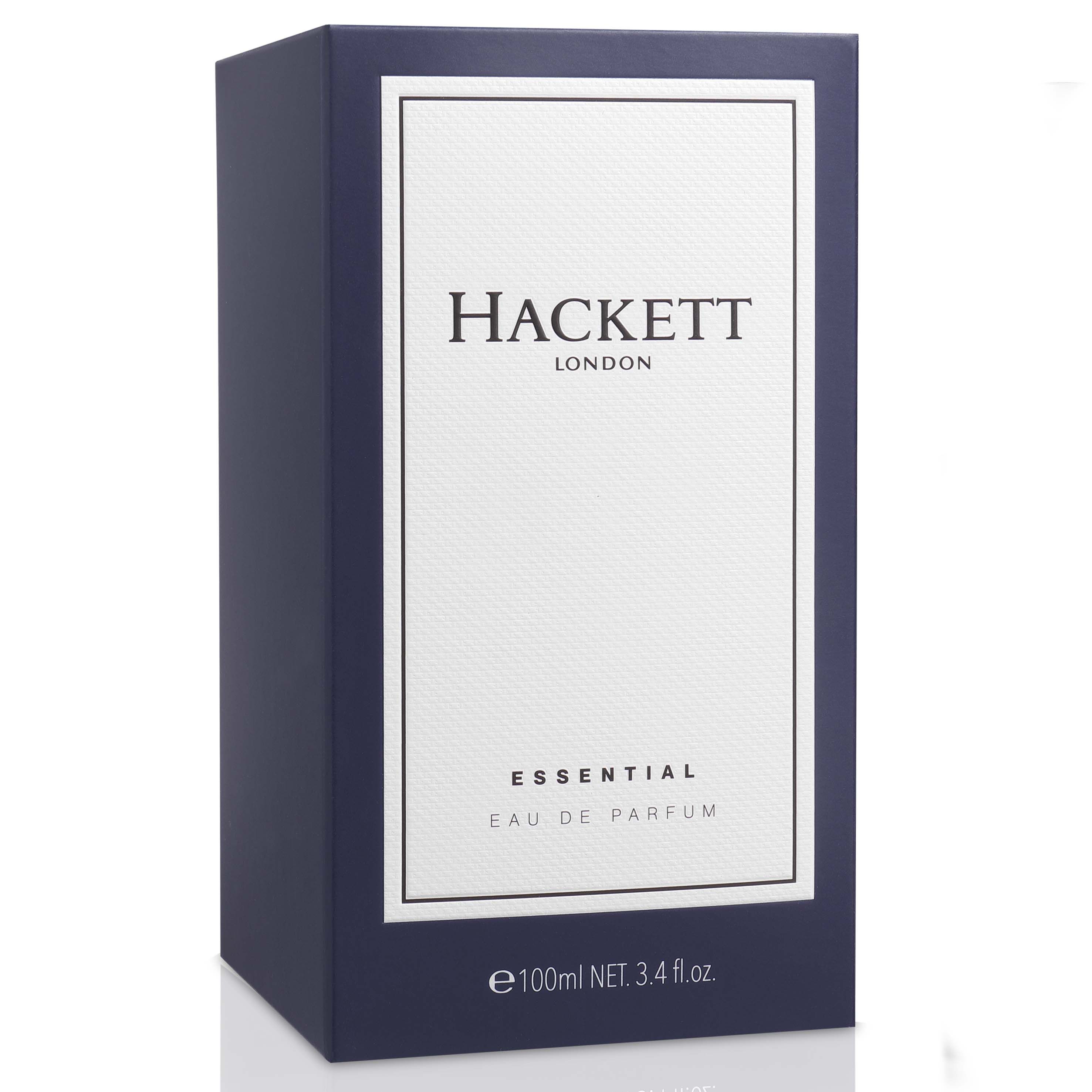Scatola rettangolare blu scuro. Scritta: HACKETT LONDON, ESSENTIAL Eau de Parfum. Etichetta bianca.