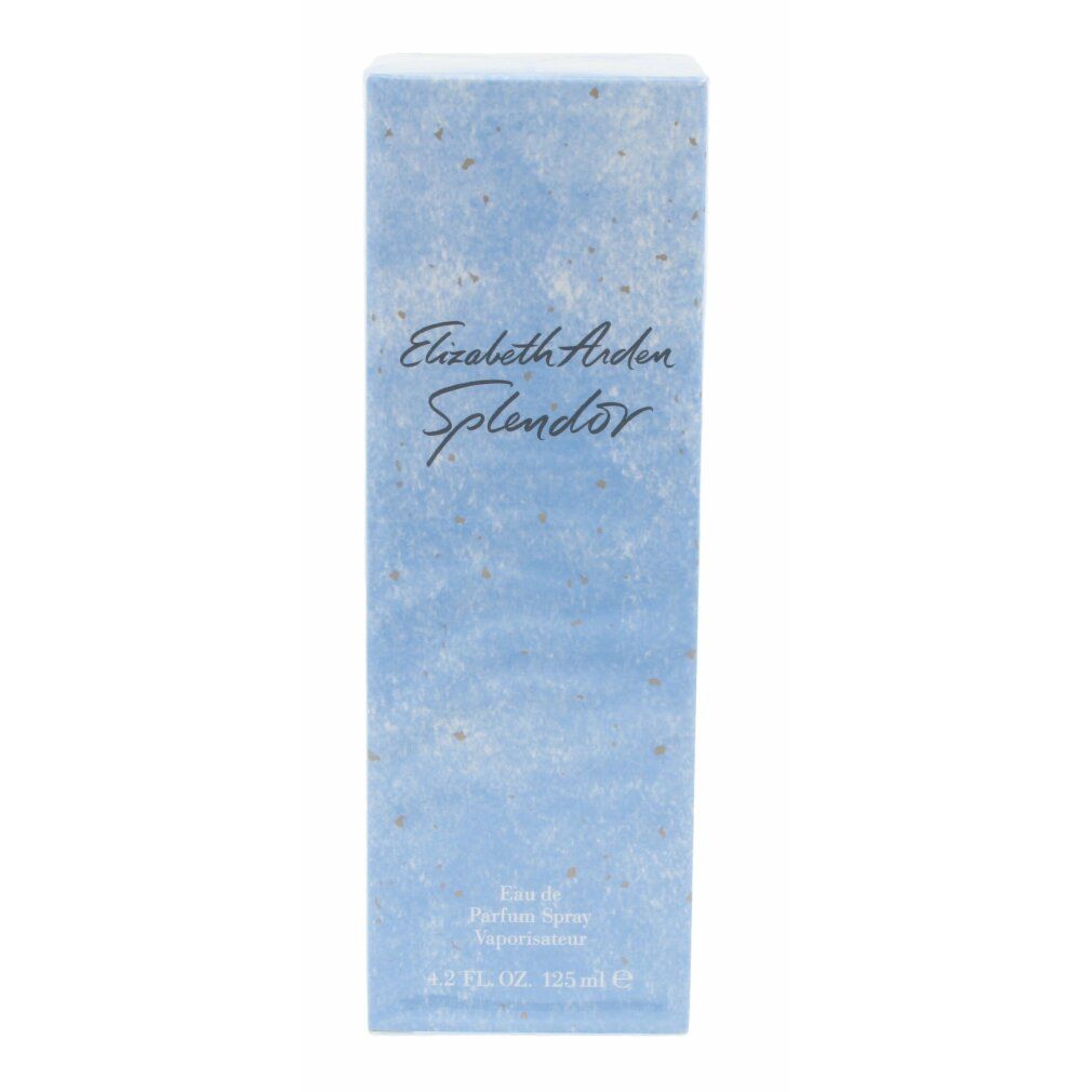 Scatola rettangolare azzurra con la scritta Elizabeth Arden Splendor. Sotto, Eau de Parfum Spray.