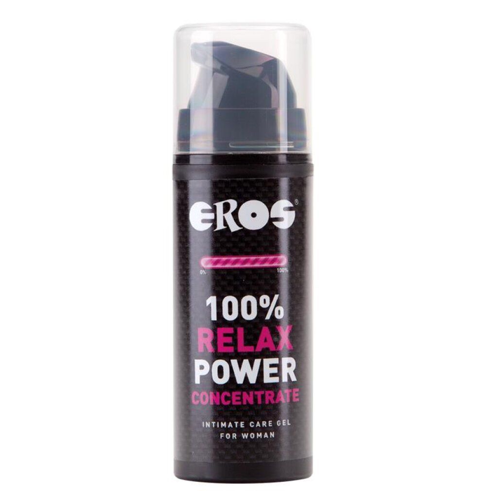 Concentrato Eros Relax Power: flacone con erogatore, etichetta nera con scritte rosa.