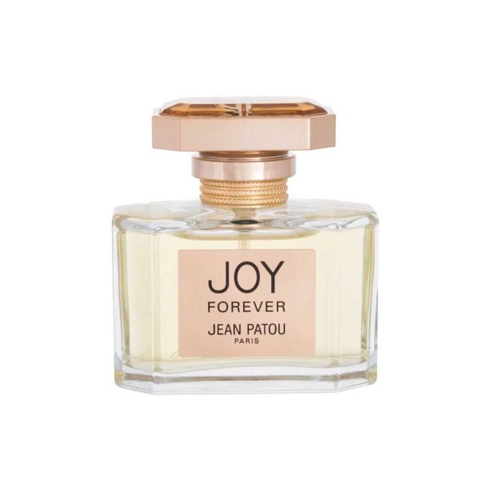 Flacone di profumo. Scritta: JOY FOREVER JEAN PATOU PARIS. Flacone con tappo dorato. Forma rettangolare, trasparente.
