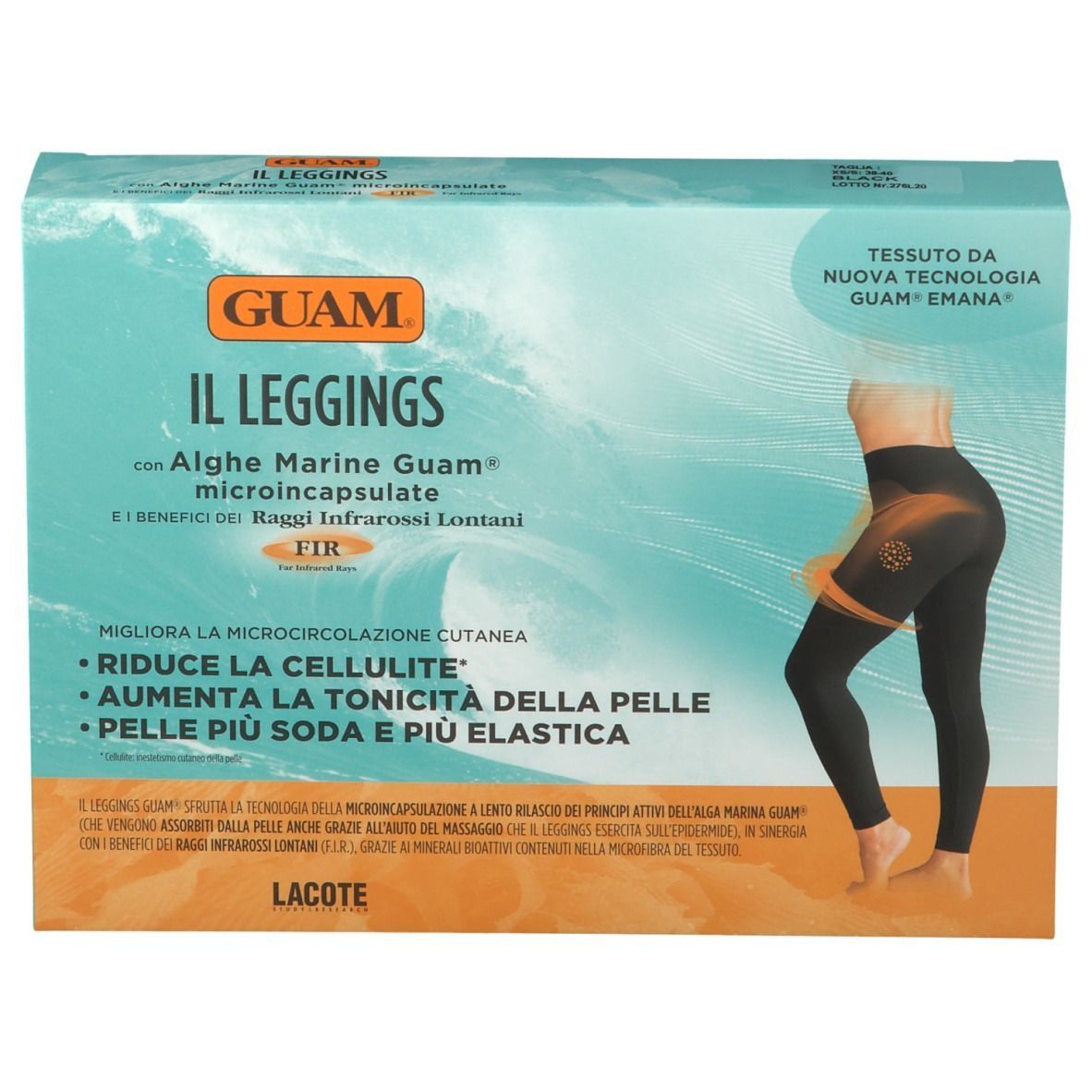 Confezione di GUAM® Il Leggings XS-S. Scritta: Il Leggings, alghe, microcapsule. Immagine di donna con leggings.