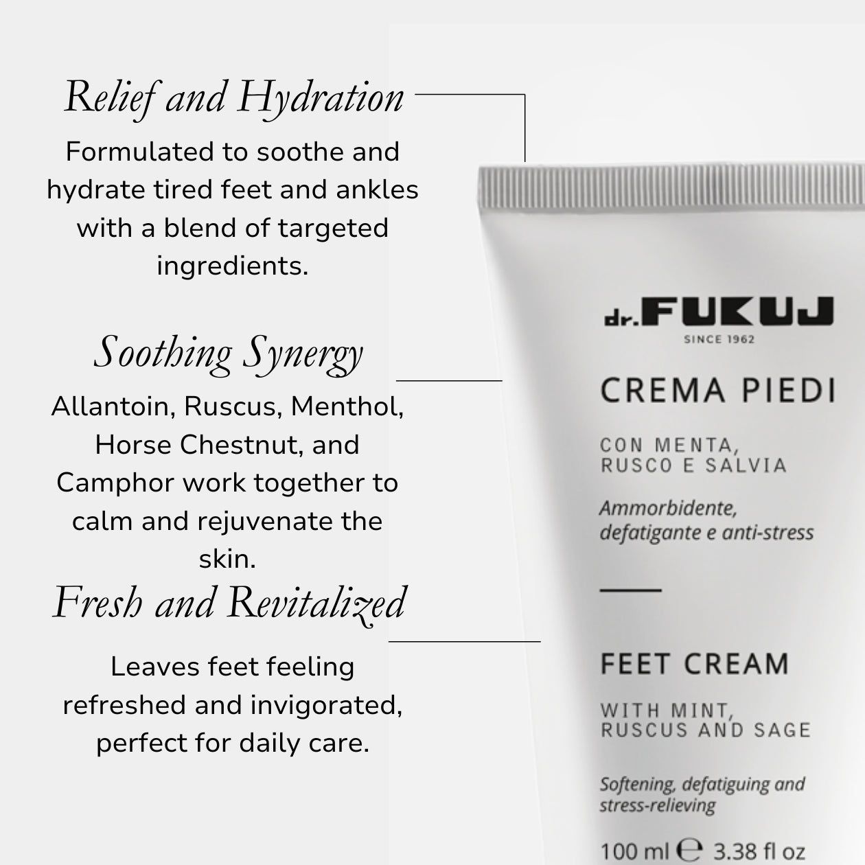 Dettaglio di un tubo bianco con testo nero. Scritta: CREMA PIEDI, FEET CREAM. Contiene menta, salvia e ippocastano. Logo del produttore.