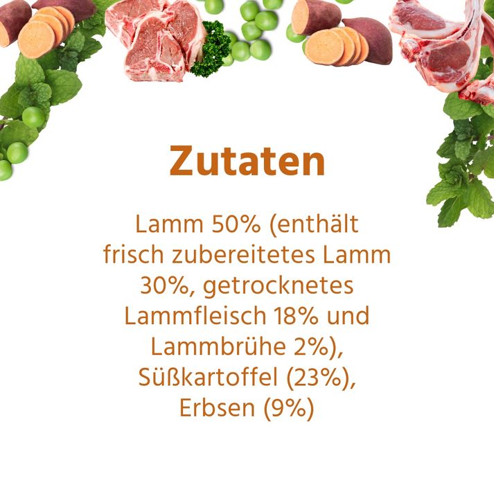 Elenco ingredienti: agnello 50%, contiene agnello fresco 30%, carne di agnello essiccata 18% e brodo di agnello 2%, patata dolce (23%), piselli (9%).