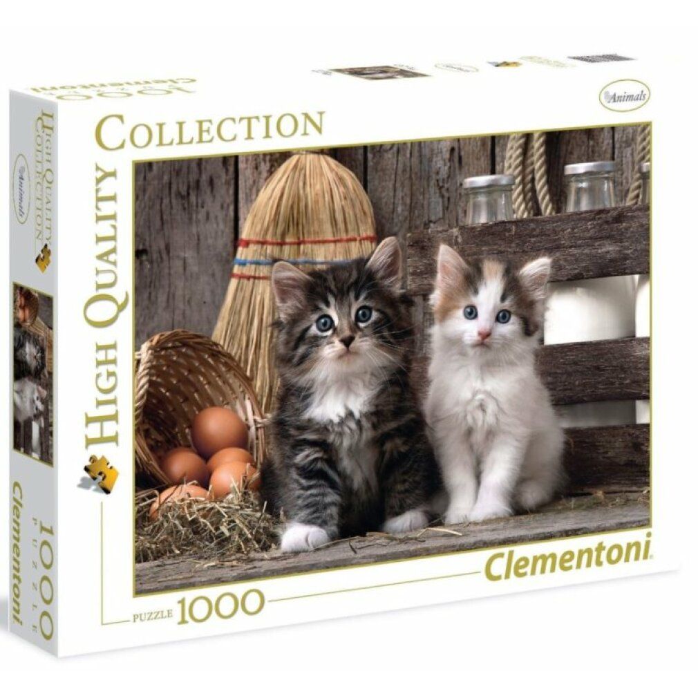 Puzzle Clementoni, 1000 pezzi. Immagine: due gattini davanti a sfondo in legno. Confezione con logo.