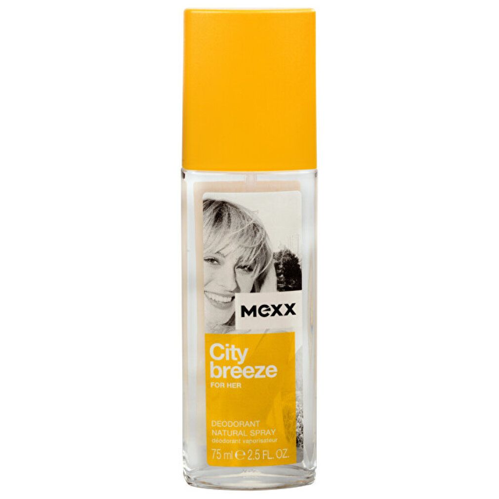 Spray deodorante con tappo giallo. Etichetta con volto di donna, scritta "Mexx City Breeze For Her" e "Deodorant Natural Spray".