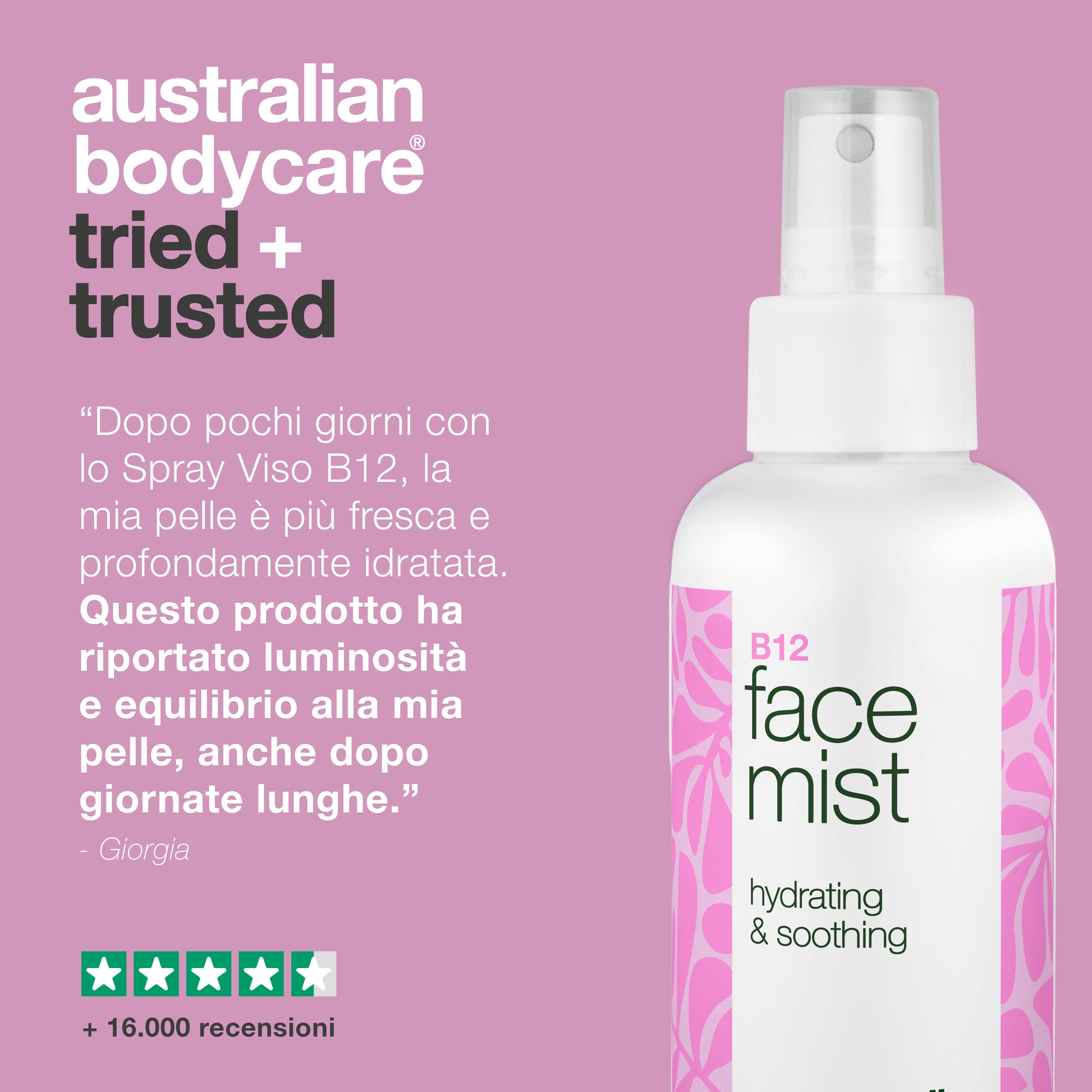 Spray con scritta: B12 face mist, hydrating & soothing. Marchio: Australian Bodycare. Testo: Dopo pochi giorni con lo Spray Viso B12.