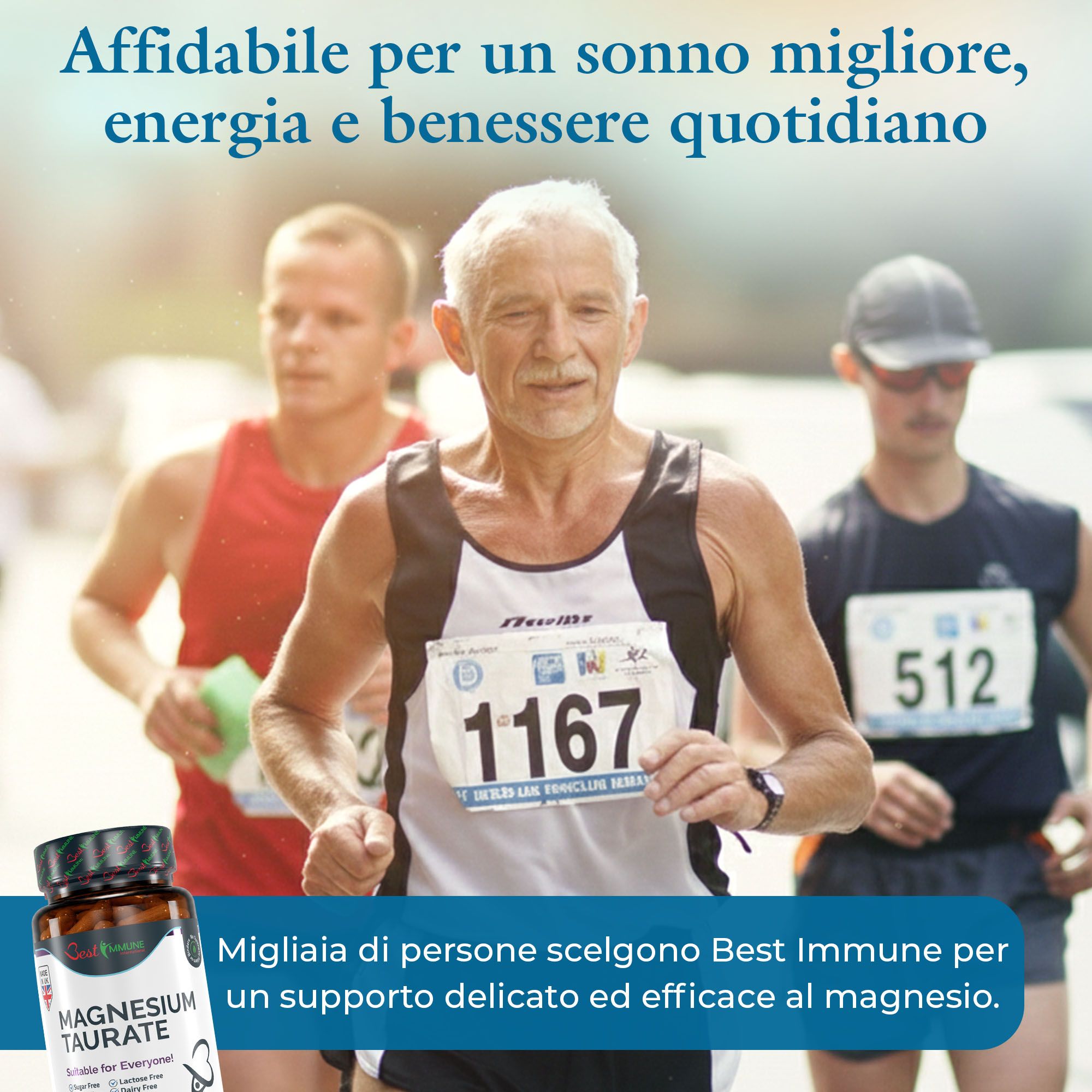 Versione italiana della confezione di magnesio taurato, che mostra 100 capsule vegane e 500 mg di magnesio per porzione.