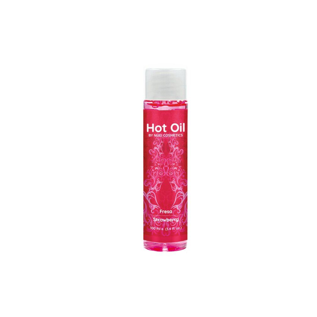 Flacone rosso con tappo bianco. Scritta: Hot Oil, BY NUEI COSMETICS, Fresa Strawberry. 100 ml.