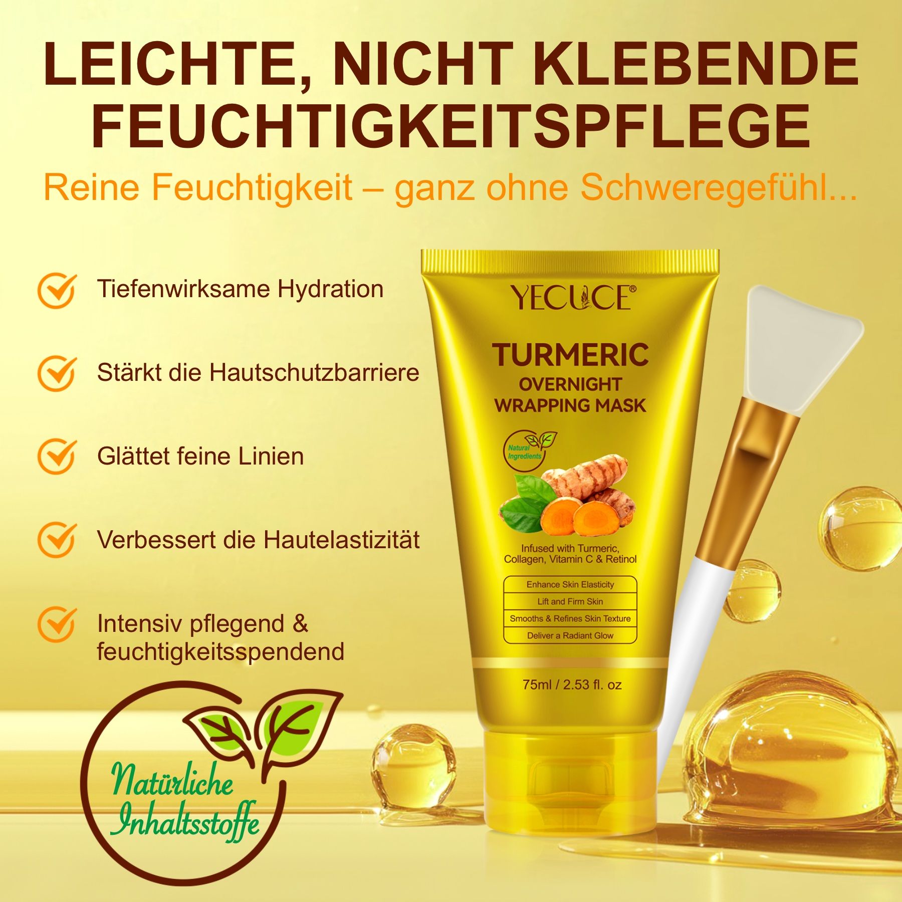 Tubo giallo con 'Turmeric Overnight Wrapping Mask' e pennello.