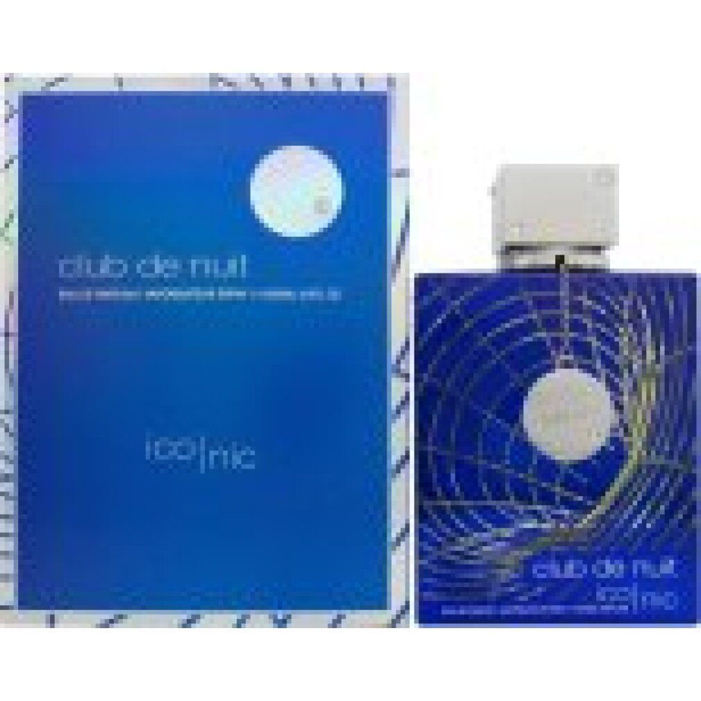 Flacone blu e confezione. Scritta "Club de Nuit Iconic". Tappo argentato. Sfondo blu.