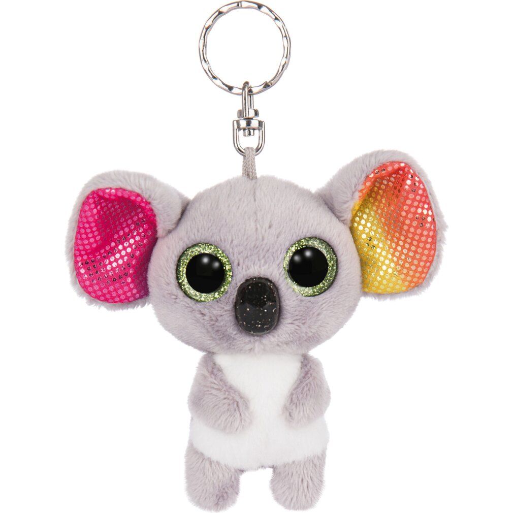 Portachiavi a forma di koala grigio con occhi glitterati e orecchie colorate. Anello in metallo.