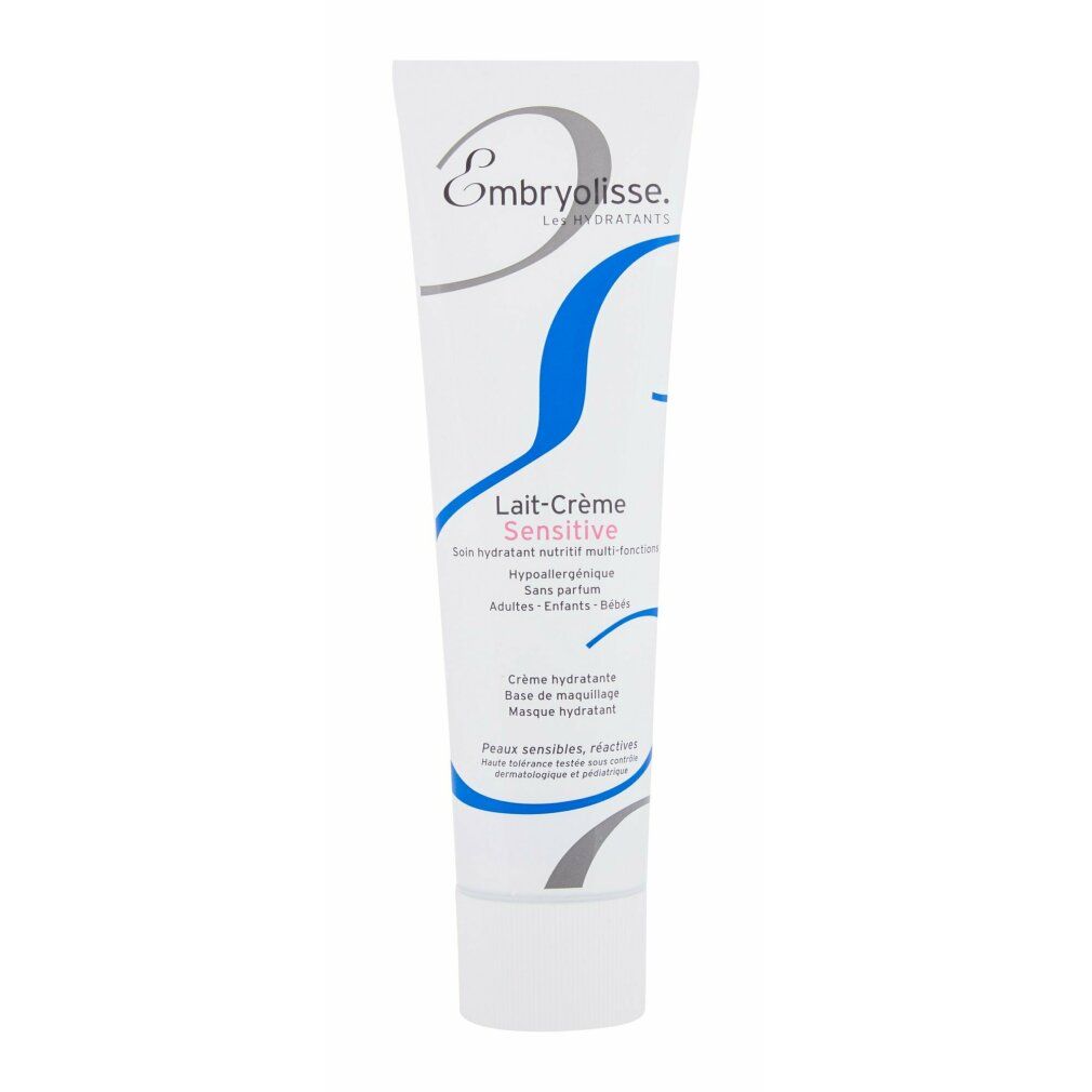 Tubo bianco con grafica blu e grigia. Scritta: Embryolisse Lait-Crème Sensitive. Testo in francese.