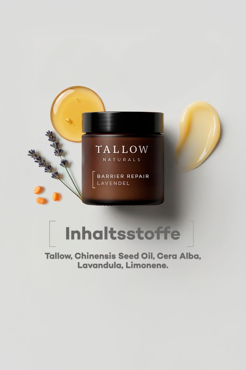 Vaso marrone con coperchio nero. Scritta: Tallow Naturals, Barrier Repair Lavendel. Ingredienti: Tallow, Chinensis Seed Oil, Cera Alba, Lavandula, Limonene.
