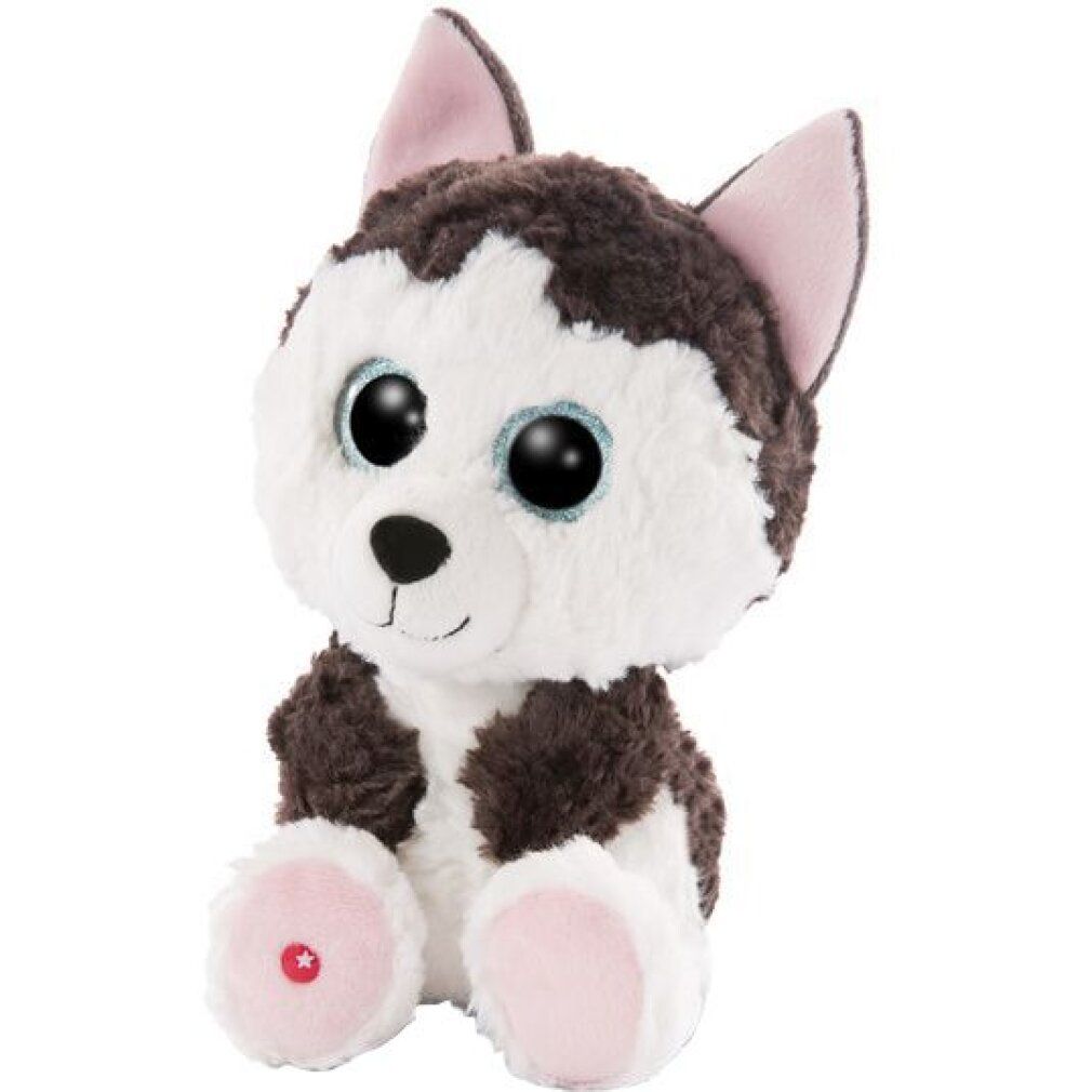 Peluche Husky Barkley, circa 25 cm. Faccia bianca, orecchie e pelliccia marroni. Grandi occhi blu. Zampe e orecchie rosa. Stella rossa sulla zampa.