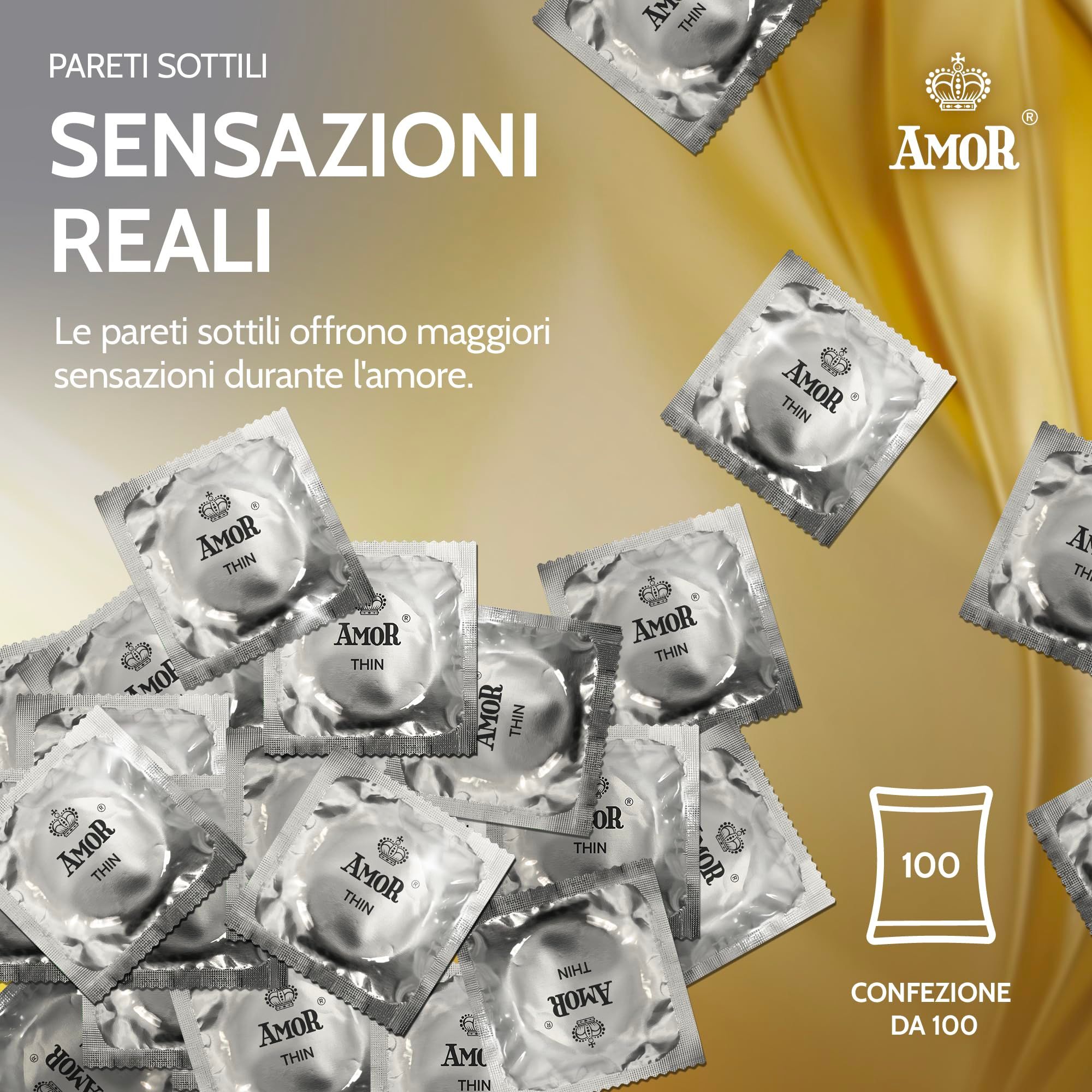 Una pila di preservativi Amor Thin confezionati singolarmente su sfondo dorato. Una scatola indica '100 pezzi'.