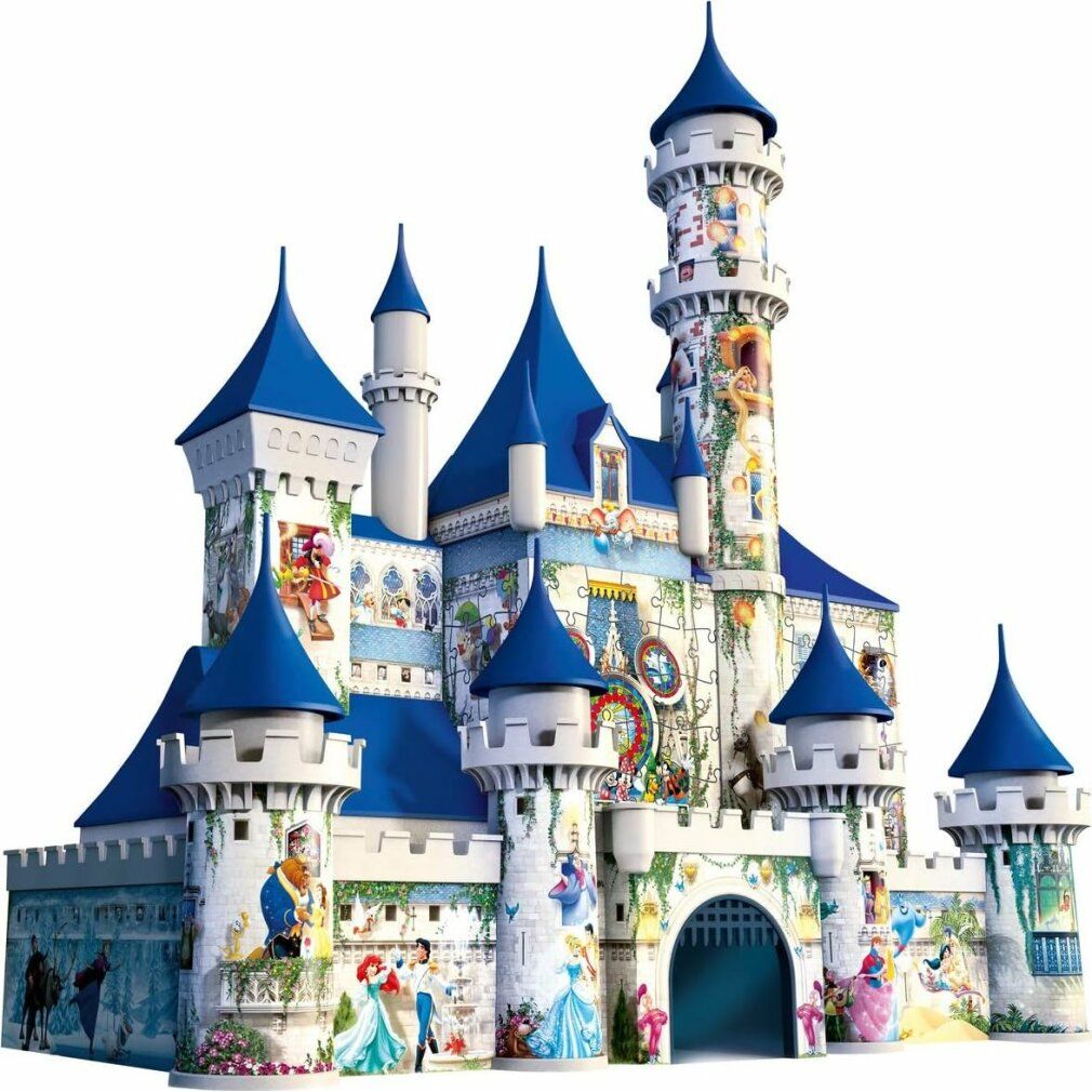 Puzzle 3D Disney Castello assemblato. Castello blu e bianco con torri e personaggi Disney. Senza confezione.