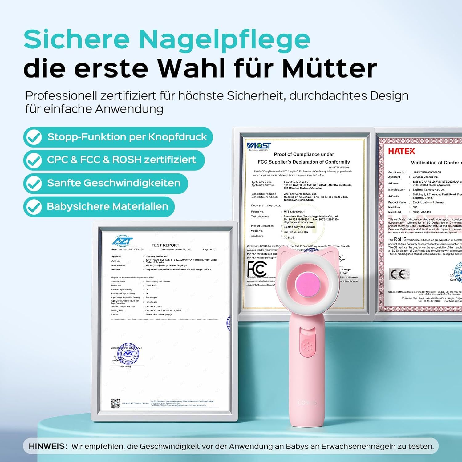 Set manicure con certificazioni. Dispositivo rosa con certificati: CPC, FCC, ROSH, AZT, HATEX.