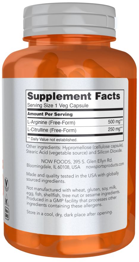 Retro del flacone. Scritta: Supplement Facts. Contiene L-Arginina (500 mg) e L-Citrullina (250 mg). Ingredienti, informazioni produttore e sigillo GMP.