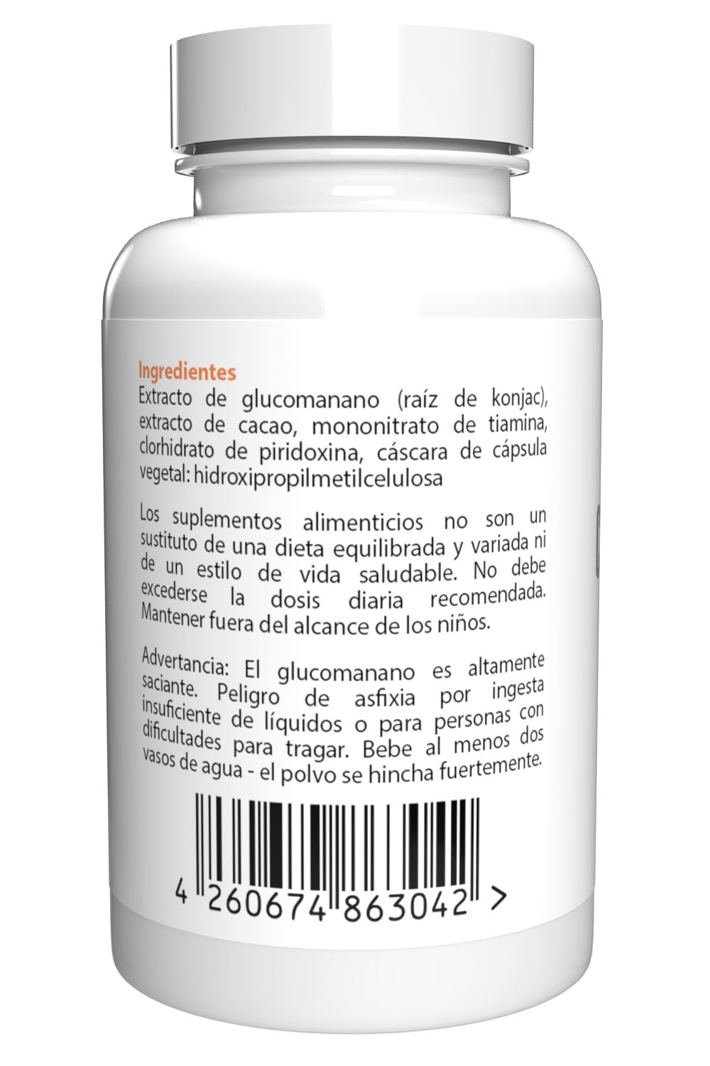 Retro di un flacone bianco. Testo con ingredienti e avvertenze. Codice a barre in basso.