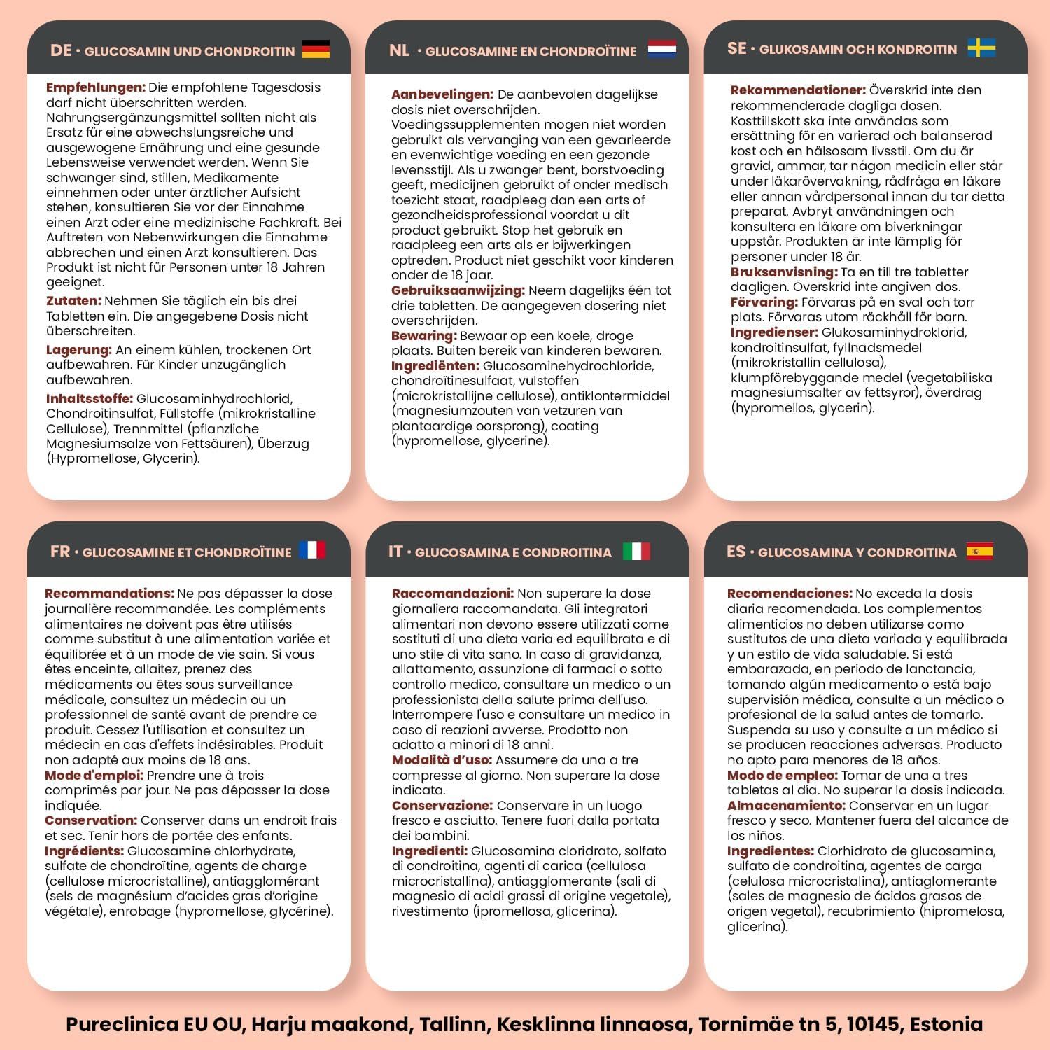 Informazioni multilingue su un'etichetta. Testi in tedesco, olandese, svedese, francese, italiano e spagnolo.