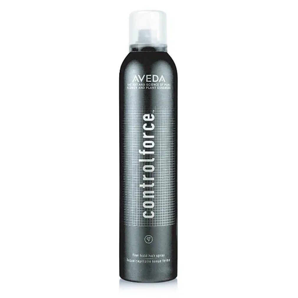 Aveda Control Force Spray. Bomboletta nera, tappo bianco. Testo: "controlforce", "firm hold hair spray".
