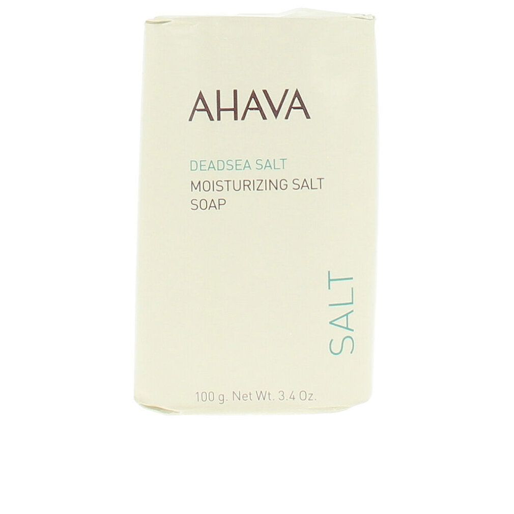 Sapone AHAVA DEADSEA SALT. Confezione rettangolare con testo verde. Peso netto: 100 g.