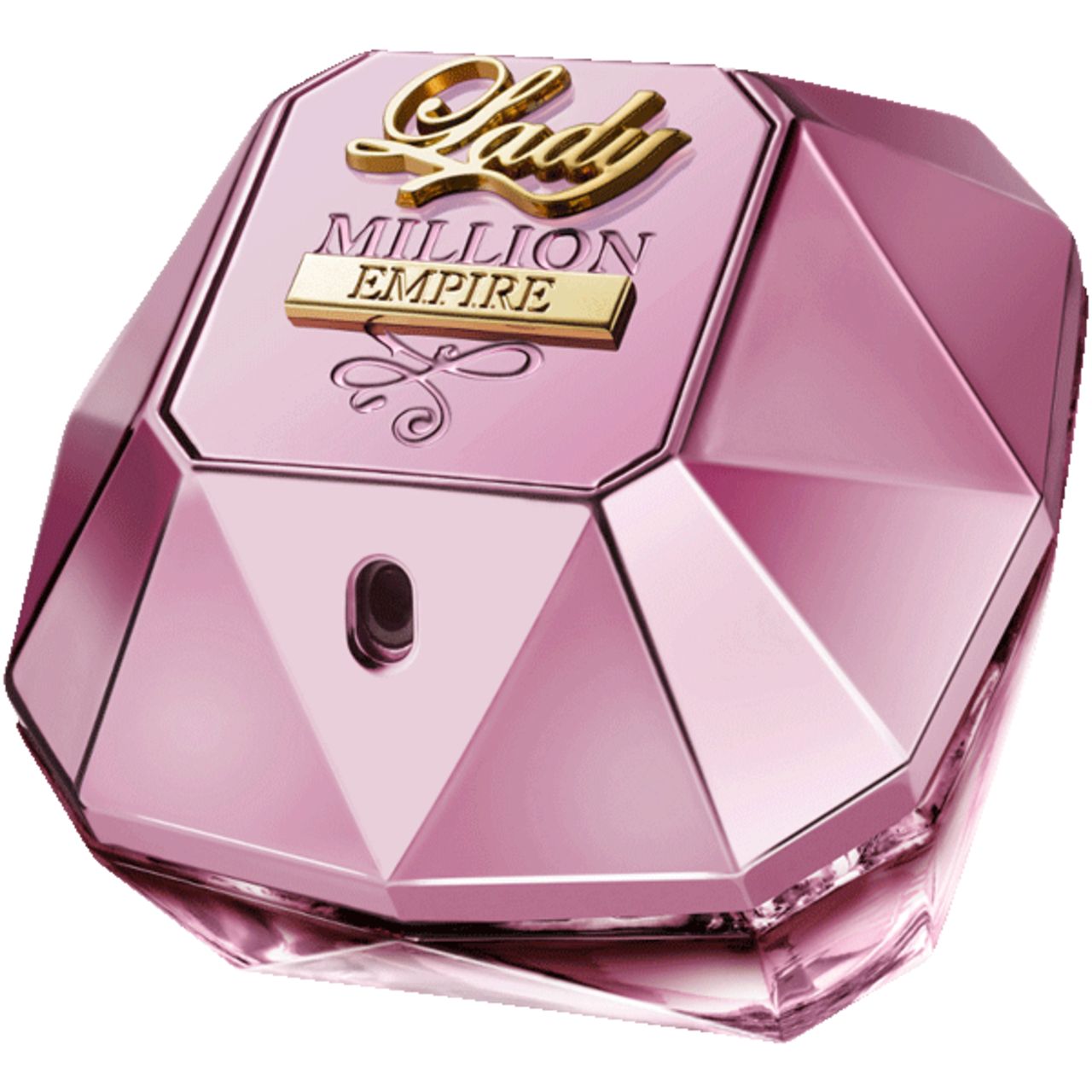 Flacone rosa con tappo dorato. Scritta: Lady Million Empire.