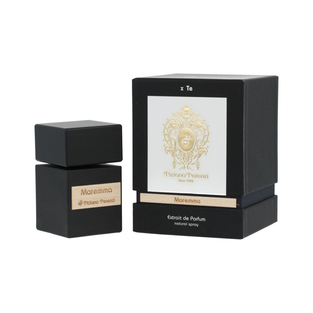 Flacone nero con etichetta in legno e confezione. Scritta: Maremma & Tiziana Terenzi. Extrait de Parfum.