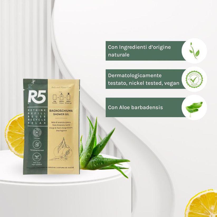 R5 Ricarica Bagnoschiuma Riattivabile, Fragranza Arancia e Pesca, Made in Italy