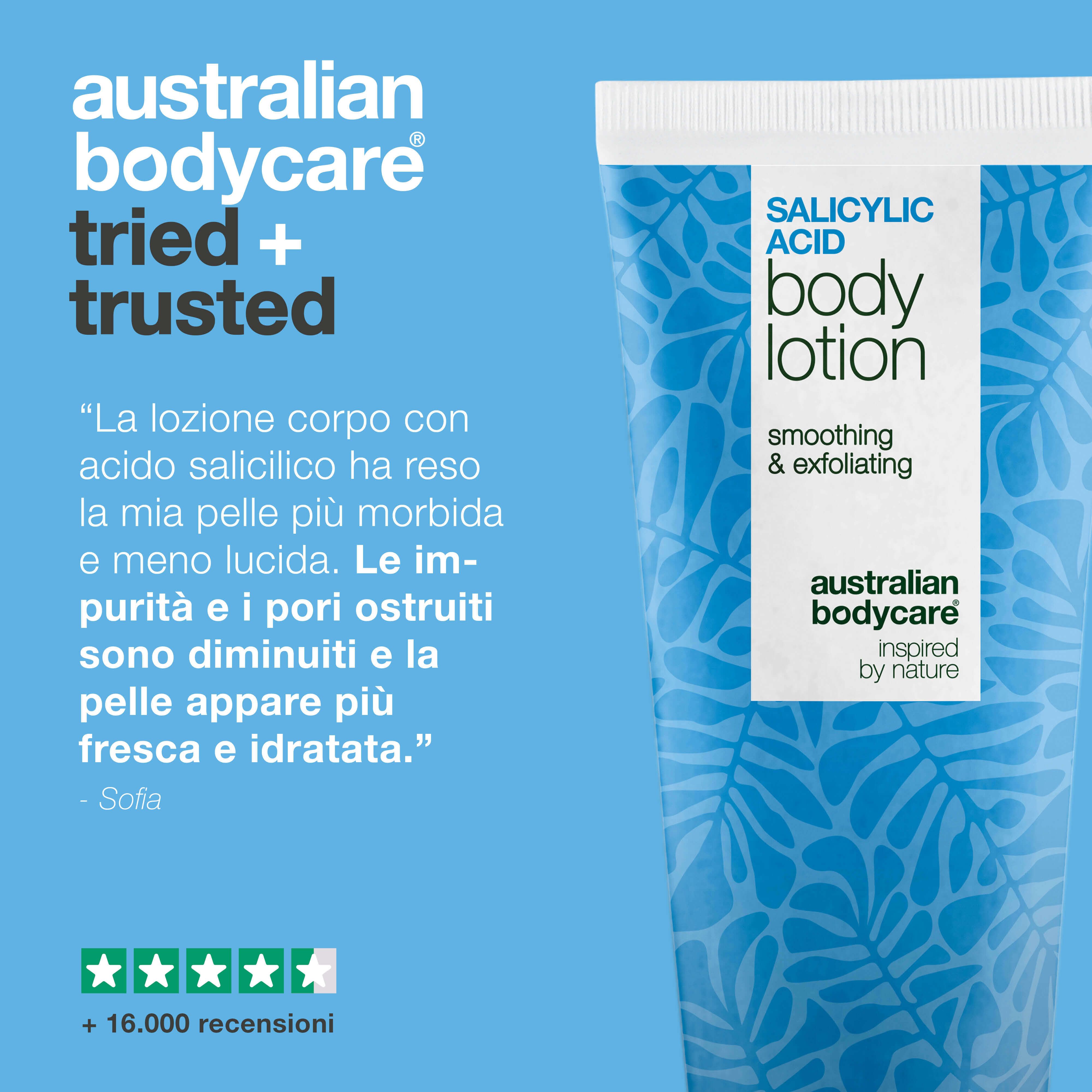 Tubo di lozione per il corpo all'acido salicilico. Testo: smoothing & exfoliating. Marchio: Australian Bodycare. Macchia di crema. Testo: 100% riciclabile.
