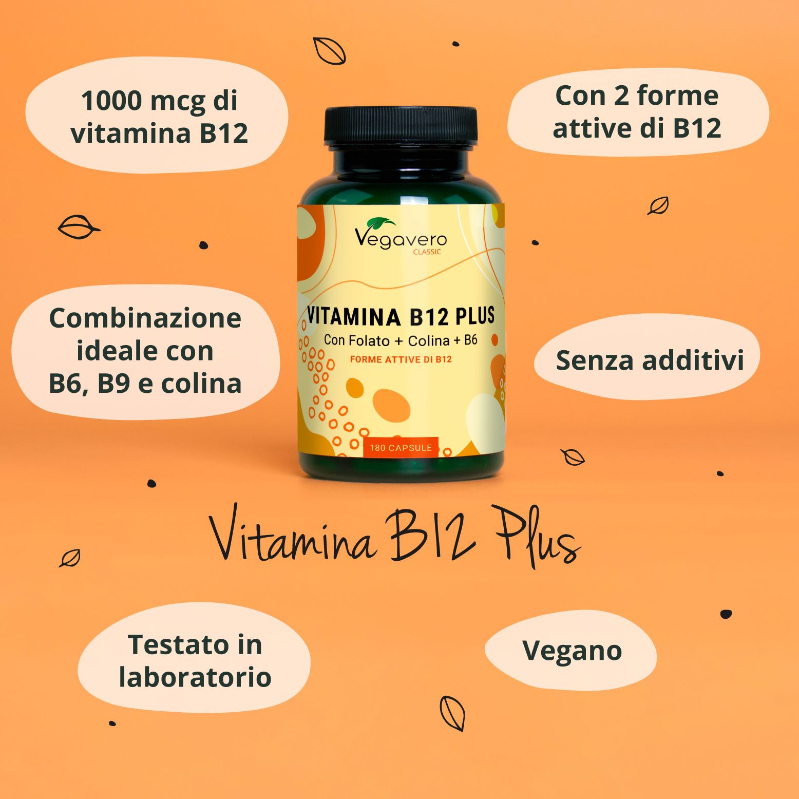 Bottiglia verde con etichetta gialla. Scritta: Vitamina B12 Plus. Testi aggiuntivi in italiano. Marchio: Vegavero.