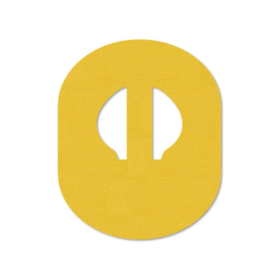 Cerotto ovale giallo con intaglio. Materiale tessile strutturato. Forma per dispositivi medici.